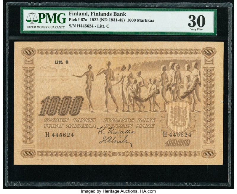 Finland Finlands Bank 1000 Markkaa 1922 (ND 1931-45) Pick 67a PMG Very Fine 30. ...