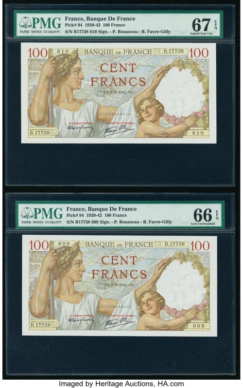 France Banque de France 100 Francs 9.1.1941 Pick 94 Four Consecutive Notes PMG S...