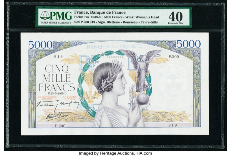 France Banque de France 5000 Francs 25.5.1939 Pick 97a PMG Extremely Fine 40. Pi...