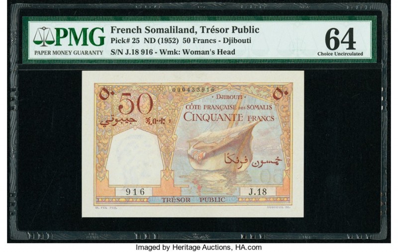 French Somaliland Tresor Public Cote Francaise 50 Francs ND (1952) Pick 25 PMG C...