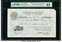Great Britain Bank of England 5 Pounds 11.6.1938 Pick 335Ba "Operation Bernhard" PMG Choice Uncirculated 63. Paper maker's notch.

HID09801242017