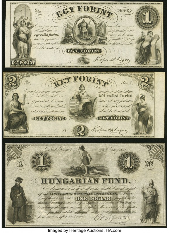 Hungary Hungarian Fund, New York $1 18__; $2 18__; $1 2.2.1852 Three Remainders ...