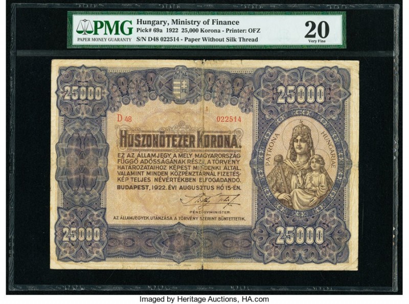 Hungary Ministry of Finance 25,000 Korona 1922 Pick 69a PMG Very Fine 20. 

HID0...