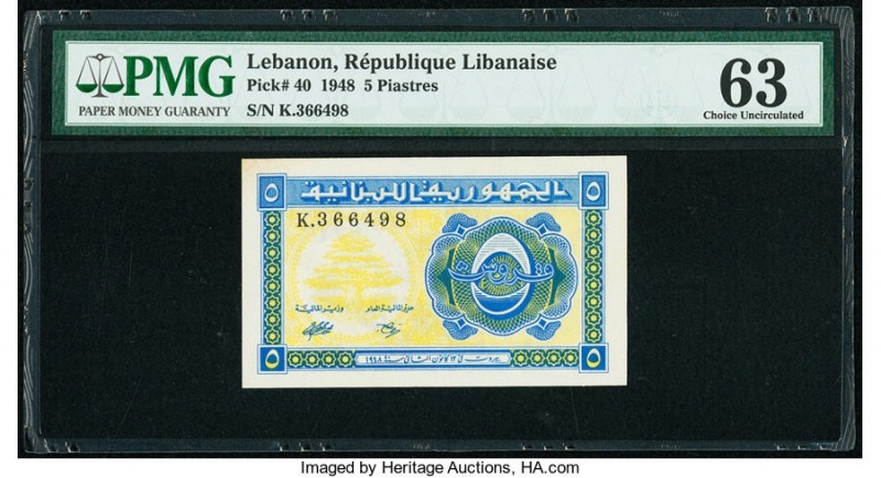 Lebanon Republique Libanaise 5 Piastres 1948 Pick 40 PMG Choice Uncirculated 63....