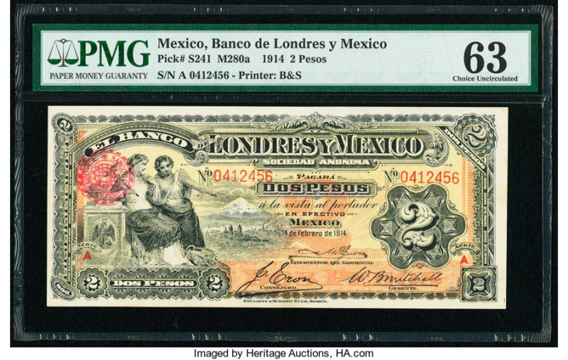 Mexico Banco de Londres y Mexico 2 Pesos 14.2.1914 Pick S241 M280a PMG Choice Un...