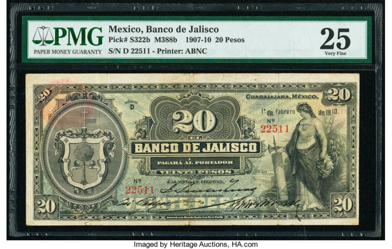 Mexico Banco De Jalisco 20 Pesos 1.2.1910 Pick S322b M388b PMG Very Fine 25. Spi...