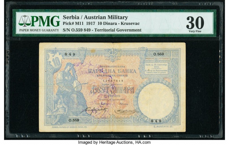 Serbia Austrian Military 10 Dinara 1917 Pick M11 PMG Very Fine 30. Ink stamps.

...