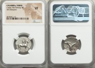 CALABRIA. Taras. Ca. early 3rd century BC. AR didrachm (21mm, 10h). NGC VF. Arethon, Sy- and Kas, magistrates. Nude youth on horseback right, crowning...