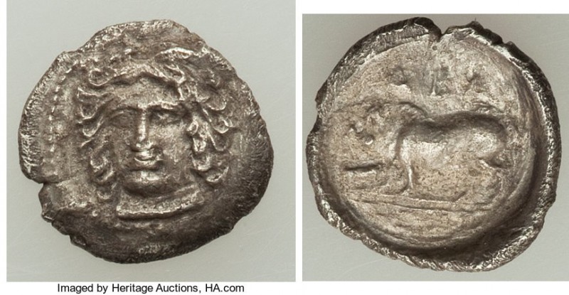 SICILY. Abacaenon. Ca. 410-400 BC. AR litra (12mm, 0.73 gm, 4h). VF. Head of a n...