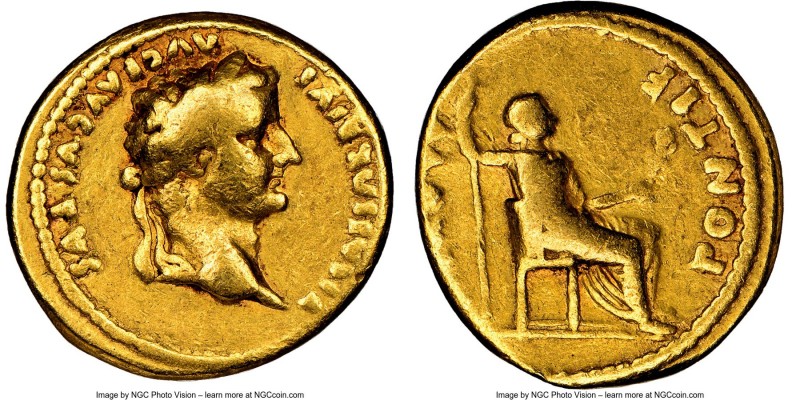 Tiberius (AD 14-37). AV aureus (19mm, 7.02 gm, 10h). NGC Fine, 4/5 - 4/5. Lugdun...