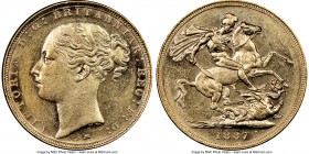 Victoria gold "St. George" Sovereign 1887-M AU58 NGC, Melbourne mint, KM7. AGW 0.2355 oz. 

HID09801242017