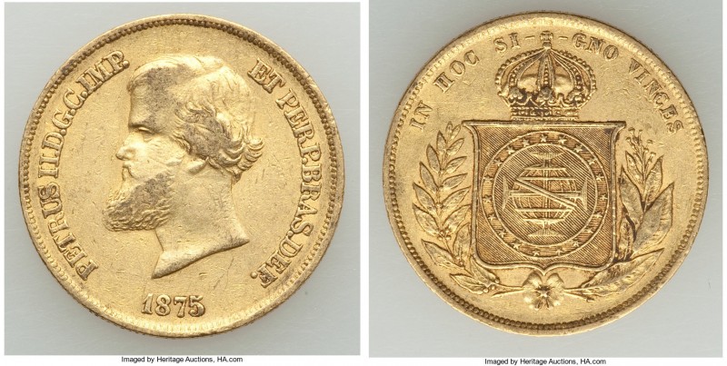 Pedro II gold 10000 Reis 1875 XF, Rio de Janeiro mint, KM467. 22.7mm. 8.91gm. AG...