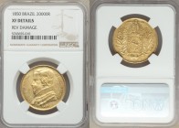 Pedro II gold 20000 Reis 1850 XF Details (Reverse Damage) NGC, Rio de Janeiro mint, KM461. Three year type. AGW 0.5286 oz. 

HID09801242017