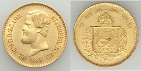 Pedro II gold 20000 Reis 1851 AU, Rio de Janeiro mint, KM463. Small bust type. 30.2mm. 17.81gm. AGW 0.5286 oz. 

HID09801242017