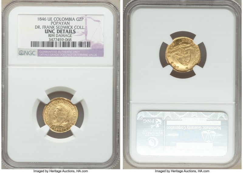 Nueva Granada gold 2 Pesos 1846 POPAYAN-UE UNC Details (Rim Damage) NGC, Popayan...