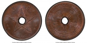Belgian Colony. Leopold II 5 Centimes 1887 MS65 Brown PCGS, KM3. First year of three year type. Glossy blue tinged brown surfaces with rose colored re...