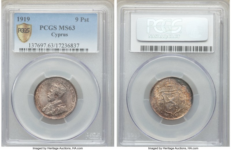 British Colony. George V 9 Piastres 1919 MS63 PCGS, KM13. Three year type with R...