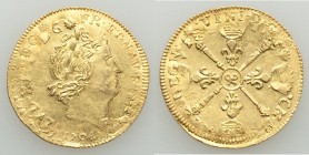 Louis XIV gold Contemporary Counterfeit Louis d'Or 1704-& AU, Aix mint, KM365.24. 26.6mm. 6.73gm. Contemporary Counterfeit overstruck on genuine Louis...
