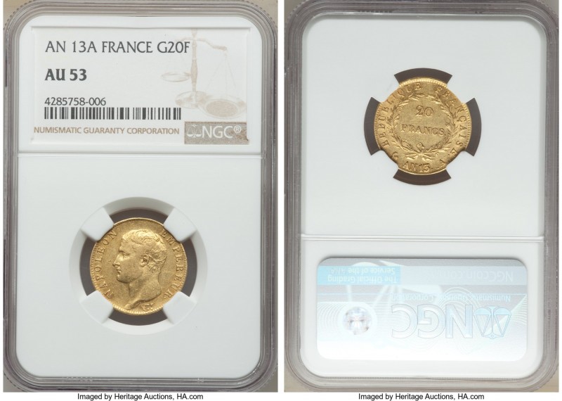 Napoleon gold 20 Francs L'An 13 (1804/1805)-A AU53 NGC, Paris mint, KM663.1. AGW...
