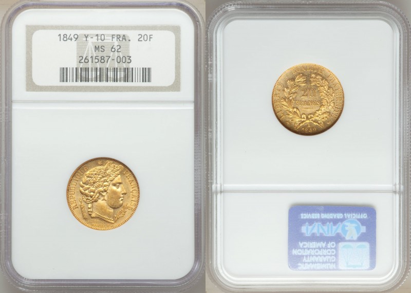 Republic gold 20 Francs 1849-A MS62 NGC, Paris mint, KM762. Liberty or Ceres hea...