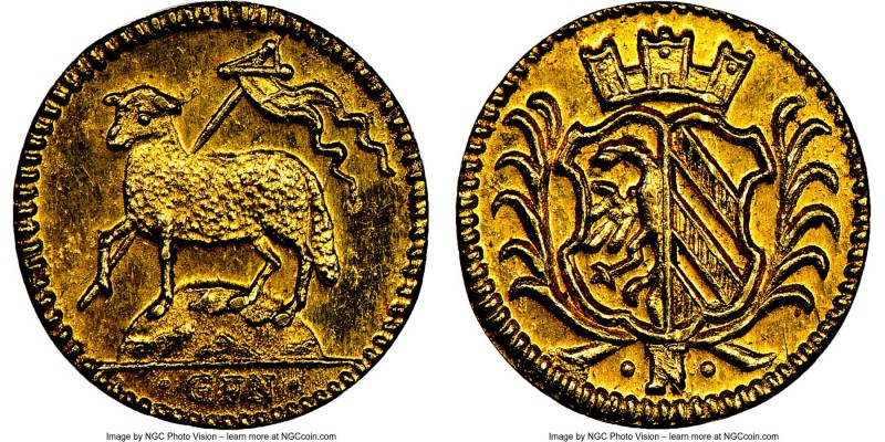 Nürnberg. Free City gold 1/8 Ducat ND (1700)-GFN MS65 NGC, KM248. Crowned arms f...