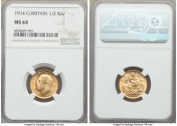 George V gold 1/2 Sovereign 1914 MS64 NGC, KM819. Lustrous and choice with rose toning. 

HID09801242017