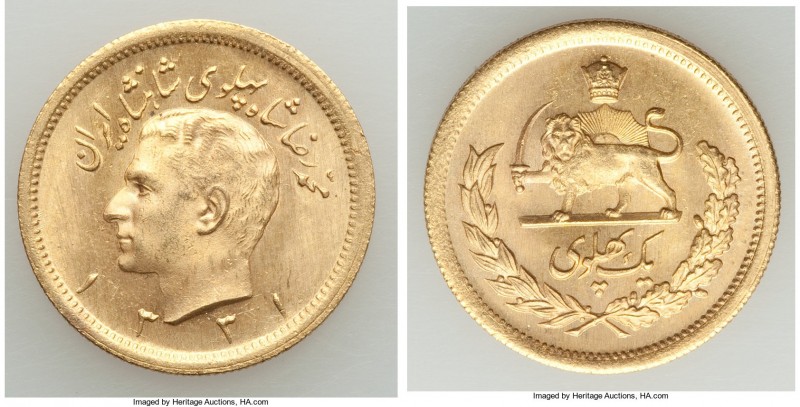 Muhammad Reza Pahlavi gold Pahlavi SH 1331 (1952) UNC, KM1162. 22.2mm. 8.14gm. A...
