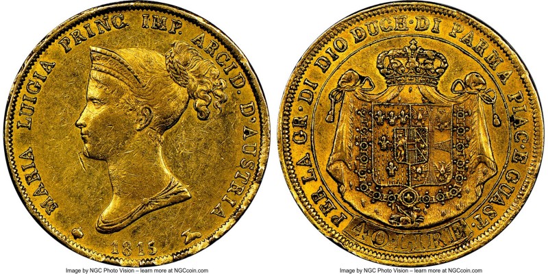 Parma. Maria Luigia (Marie Louise) gold 40 Lire 1815 AU53 NGC, KM-C32. First yea...