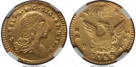 Sicily. Carlo III gold Oncia 1758-PN AU58 NGC, KM-C14b. Two year type. At cusp of uncirculated with sparkling original golden luster. An enchanting re...