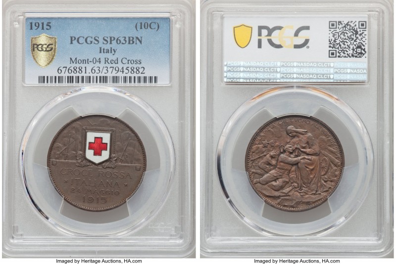 Vittorio Emanuele III bronze Specimen "Red Cross" Medal (10 Centimes) 1915 SP63 ...