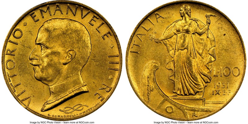 Vittorio Emanuele III gold 100 Lire Anno IX (1931)-R MS62 NGC, Rome mint, KM72.
...