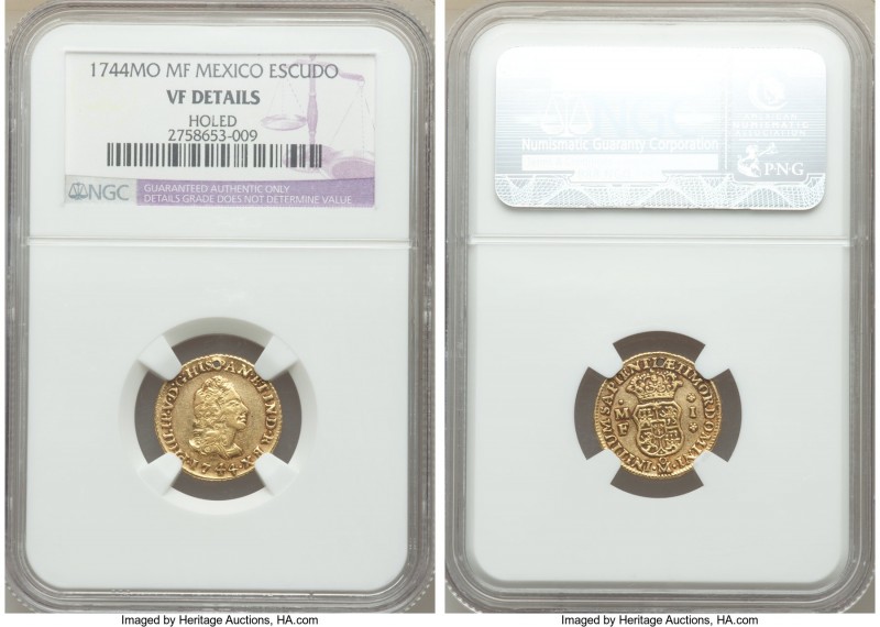 Philip V gold Escudo 1744 Mo-MF VF Details (Holed) NGC, Mexico City mint, KM113....