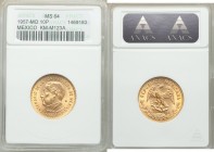 Estados Unidos gold 10 Pesos 1957-Mo XF40 ANACS, Mexico City mint, KM123a. Issued for the centennial of the constitution. Cartwheel luster with rose-g...