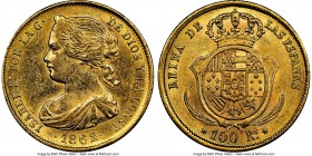 Isabel II gold 100 Reales 1862 AU55 NGC, Seville mint, KM605.3. AGW 0.2412 oz. 

HID09801242017