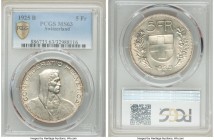 Confederation 5 Francs 1925-B MS63 PCGS, Bern mint, KM38. William Tell / Denomination above Confederation arms, date below. 

HID09801242017