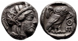 Attica, Attica, Athens AR Tetradrachm. Circa 353-294 BC. AR Helmeted head of Athena r., with profile eye / Owl standing r., head facing; olive sprig a...