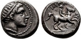 Macedonian Kingdom. Philip II. 359-336 B.C. AR hemidrachm. Amphipolis mint, 323/2-316/5 B.C. Head of Apollo with laurel wreath right / ΦIΛIΠΠOΥ, youth...