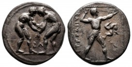 Pamphylia, Aspendos AR Stater.Pamphylia, Aspendos AR Stater. Circa 380-325 BC. Two wrestlers grappling; MA between / Slinger standing right; triskeles...