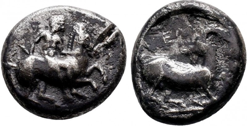Kelenderis , Cilicia. AR Stater, c. 350-330 BC.
Obv. Nude youth, holding whip in...