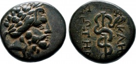 Mysia, Pergamon. Ca. 133-27 B.C. AE Laureate head of Asklepios right / AΣKΛHΠIOΣ ΣΩTHPOΣ, serpent-entwined staff of Asklepios. SNG France 1828-48. 

C...