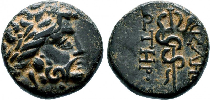 Mysia, Pergamon. Ca. 133-27 B.C. AE Laureate head of Asklepios right / AΣKΛHΠIOΣ...