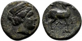 TROAS. Zeleia. Ae (4th century BC).
Obv: Diademed head of Artemis right.
Rev: Stag standing right; above lying H; below Λ; in front, two E.
SNG von Au...
