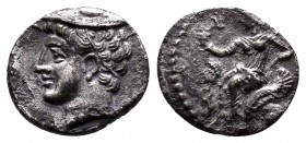 Cilicia, Uncertain mint AR Obol. 4th century BC. Head of Hermes wearing petasos left / Aphrodite seated left on throne decorated with sphinx. SNG Leva...