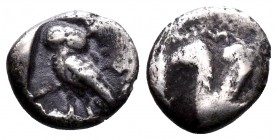 CILICIA, Uncertain. 4th Century BC. Obol, Forepart of griffin to left. Rev. Owl standing left, head facing; behind, olive spray and crescent. SNG Leva...