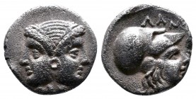 Mysia, Lampsakos AR Drachm. Circa 500-470 BC. Diademed Janiform female head / Head of Athena left, wearing wreathed Corinthian helmet; monogram behind...