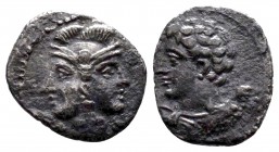 Cilicia, Uncertain mint AR Obol. 4th century BC. Janiform head of Athena / Bust of young Herakles left, with lion's skin tied around neck. Levante 245...