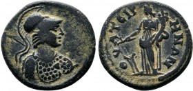 Lydia - semi-autonomous AE of Thyateira (3rd Cent. AD), Tyche, Athena Obv: Draped bust of Athena, wearing Corinthian helmet, right, with aegis; behind...