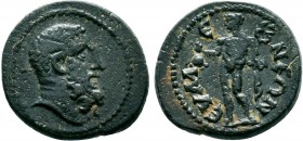 PHRYGIA. Eumeneia. Circa 2nd-3rd century AD.AE Bronze. Bare head of Herakles right / ЄVMЄNЄΩN, Hermes standing facing, holding purse and kerykeion. BM...