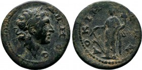 Phrygia AE of Docimeum (2nd Cent. AD), very rare not in RPC, Tyche, rudder Obv: Laureate head right. Legend: ΔHMOC Rev: Tyche standing, left, wearing ...