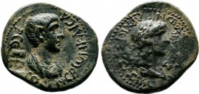PHRYGIA. Eumenea. Nero (54-68 AD). AE Bronze.ΝƐΡWΝ ΚΑΙϹΑΡ ϹƐΒΑϹΤΟϹ.draped bust of Nero, r.; behind, uncertain / ΙΟΥΛΙΟϹ ΚΛƐWΝ Ο ΑΡΧΙƐΡƐΥϹ ΑϹΙΑϹ ƐΥΜƐΝƐ...